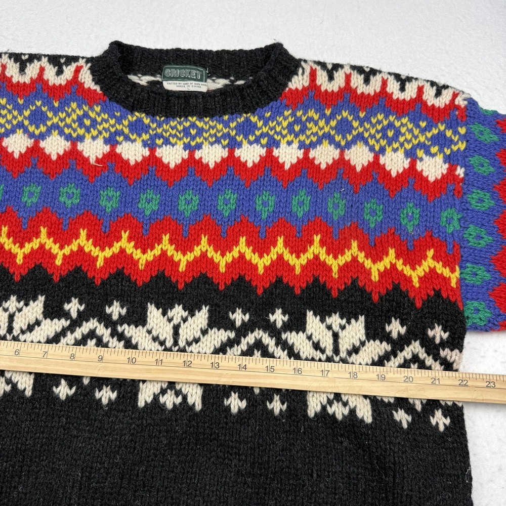 Cricket Sweater Mens Large Black Wool Fair Isle Ski Crewneck Heavyweight Knit - Picture 4 of 6